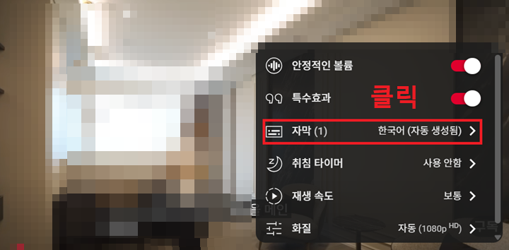 메뉴창에 자막 메뉴 보임