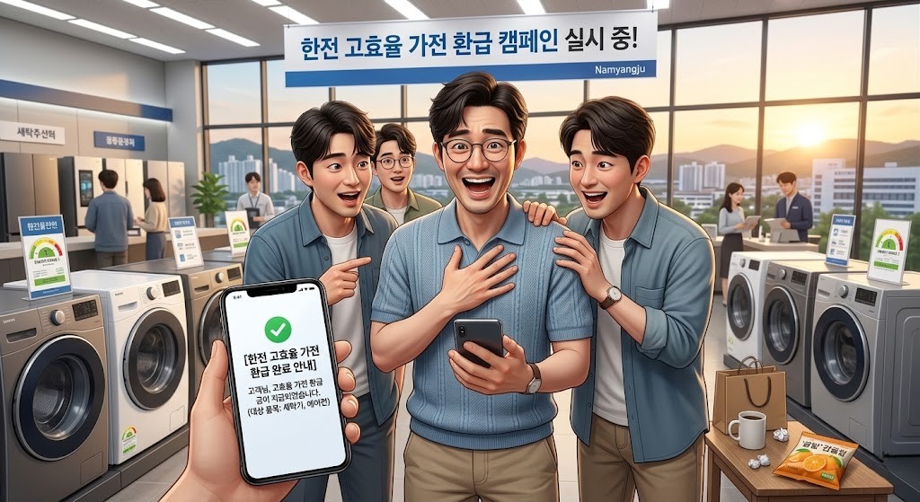 고휴율 가전환급금 제도에 대해 알게되어 놀란표정을 재현한 캐릭터 이미지