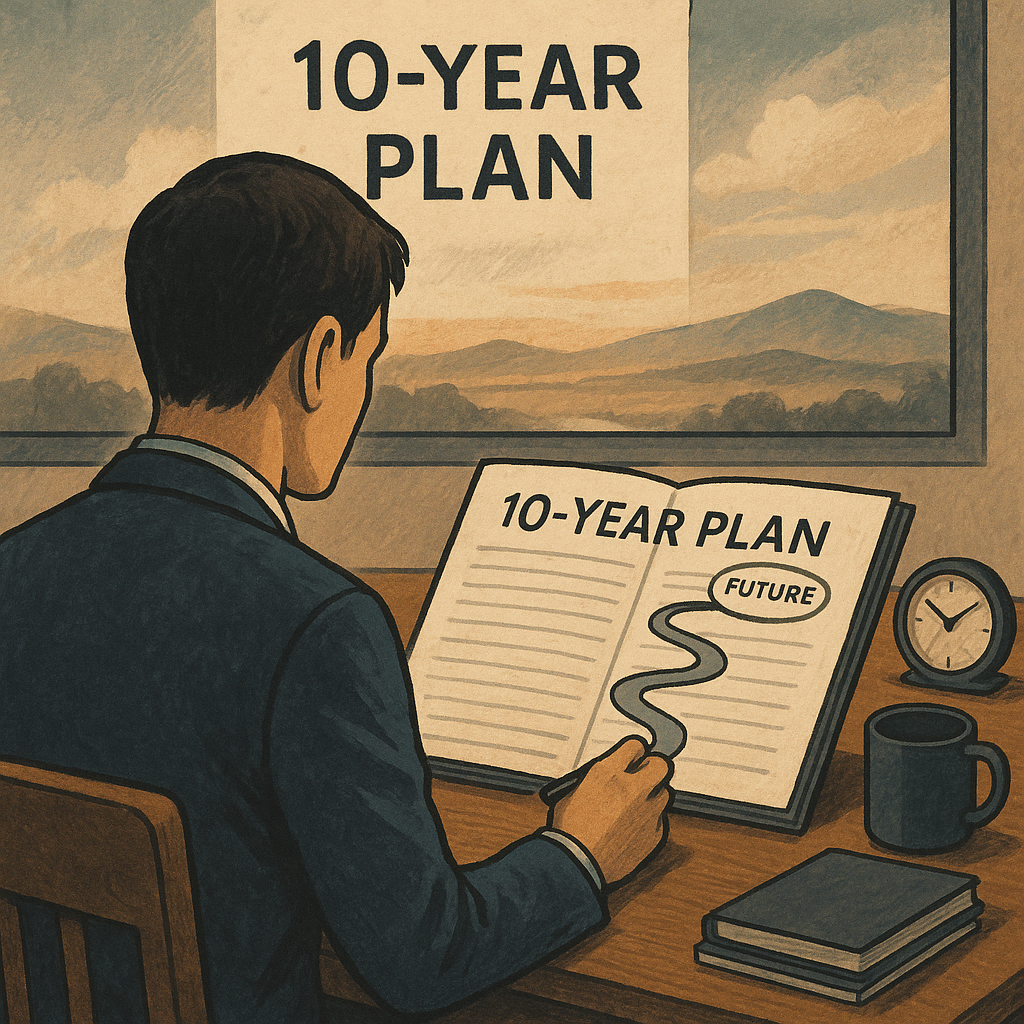 10년 계획 노트를 작성하는 남성의 뒷모습, 미래를 설계하는 롱텀 루틴 실천 이미지