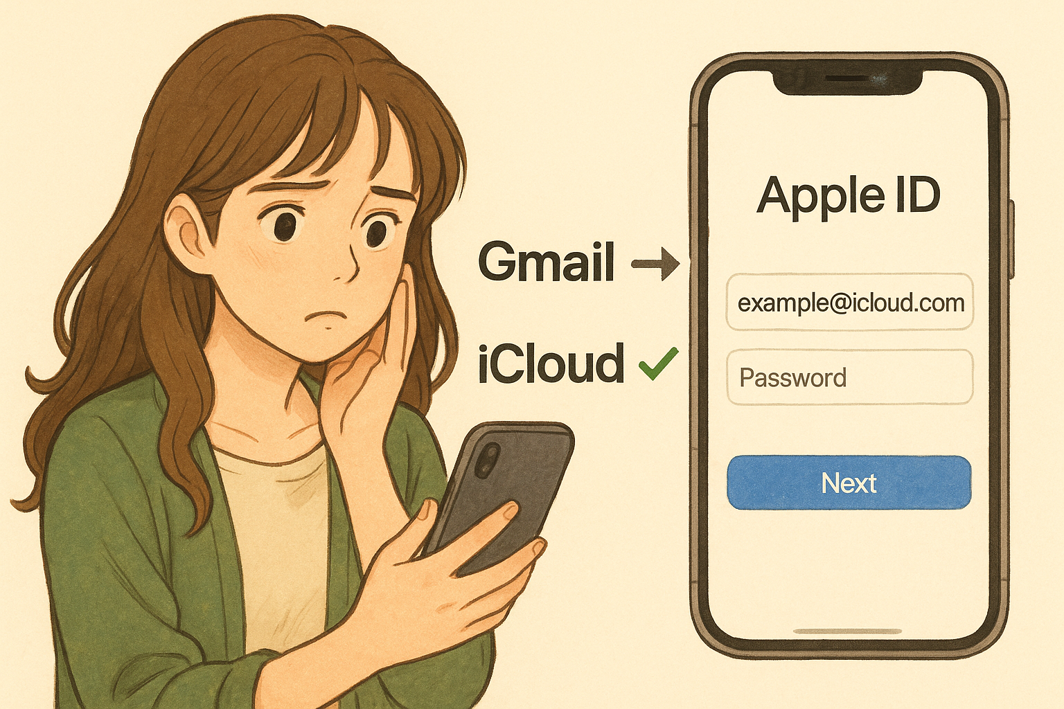 혼란스러운 여성과 Apple ID 입력창 – Gmail 실패, iCloud 성공 대비
