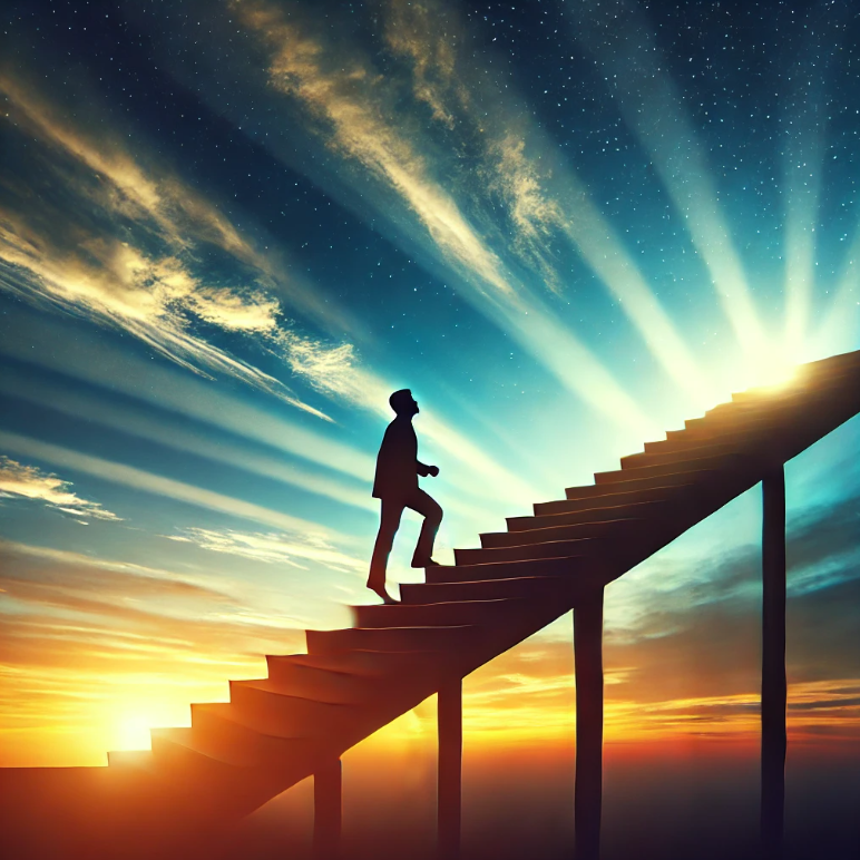 성공을 상징하는 계단을 올라가는 사람의 실루엣