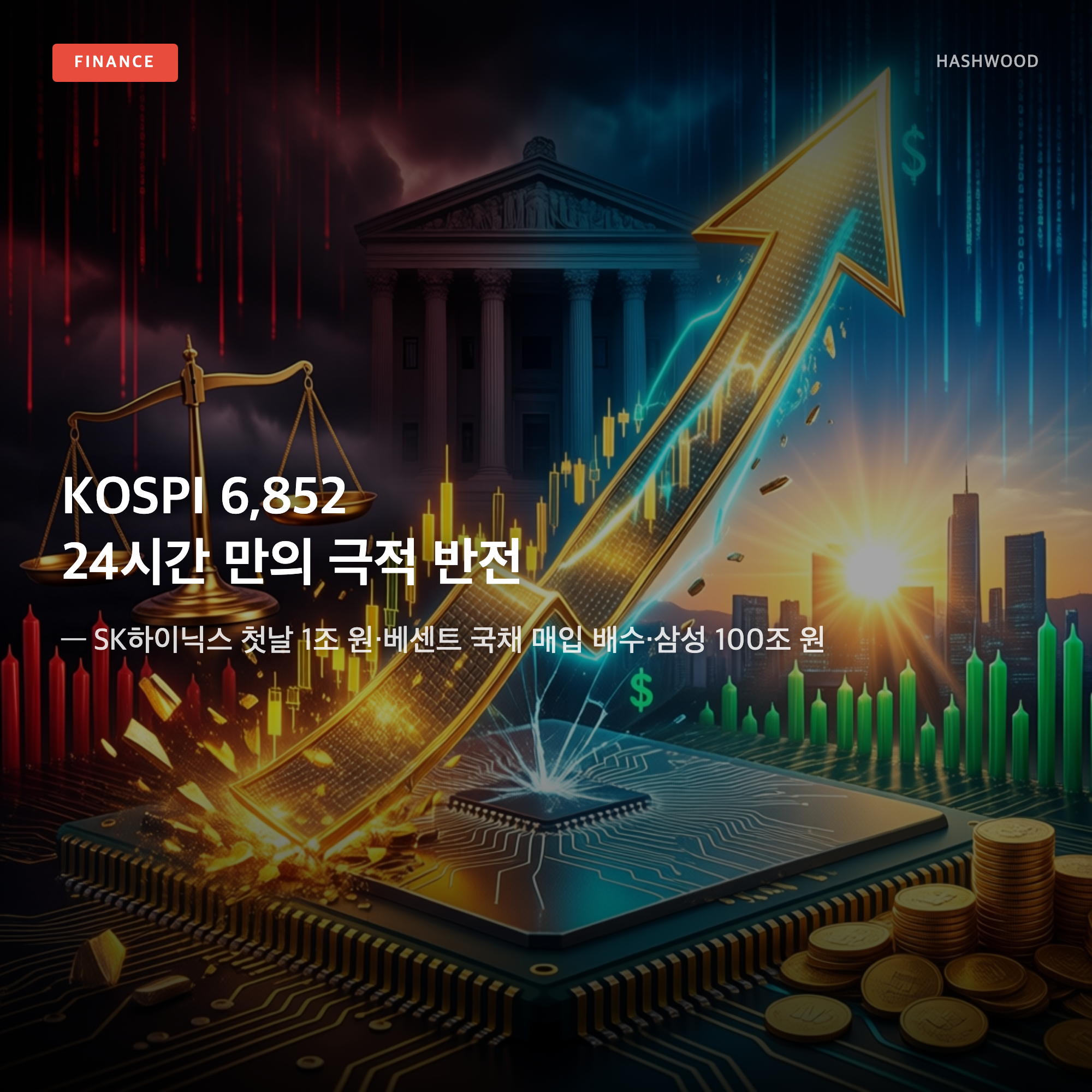 그림: KOSPI 6,852 24시간 만의 극적 반전 — — SK하이닉스 첫날 1조 원·베센트 국채 매입 배수·삼성 100조 원