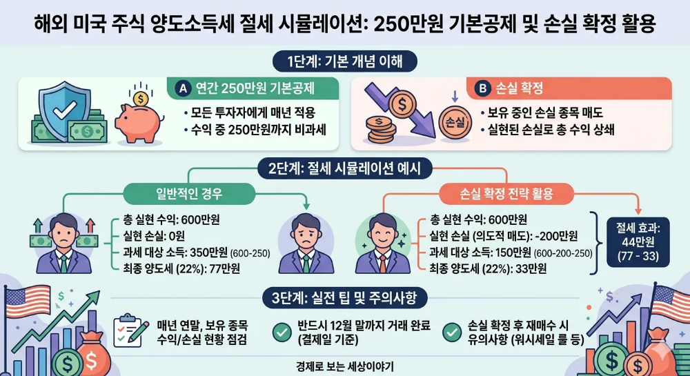 해외 미국 주식 연간 250만원 기본공제 및 손실 확정을 통한 양도소득세 절세 시뮬레이션 인포그래픽
