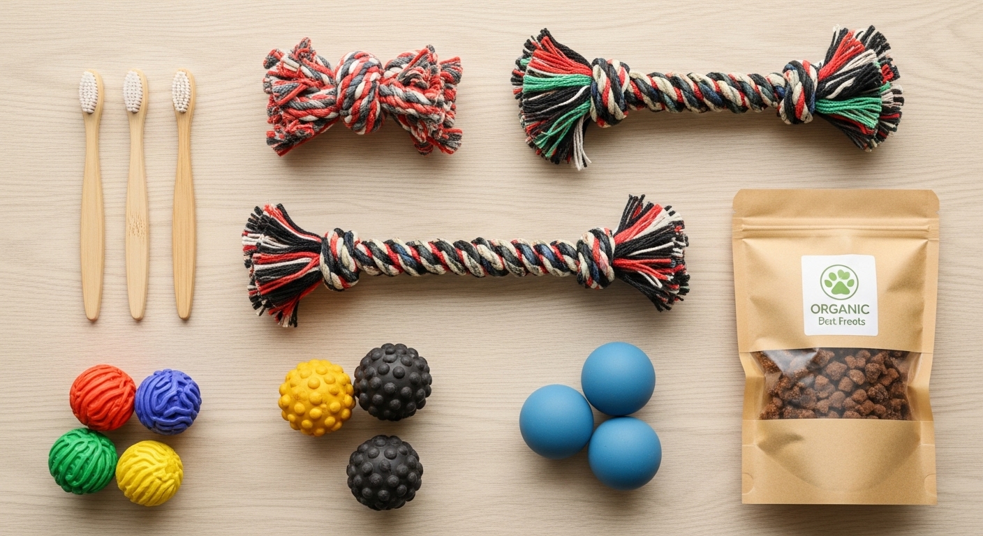 재활용 섬유 장난감, 대나무 칫솔 등 다양한 친환경 반려동물 용품 소재들이 깔끔하게 놓여있는 모습