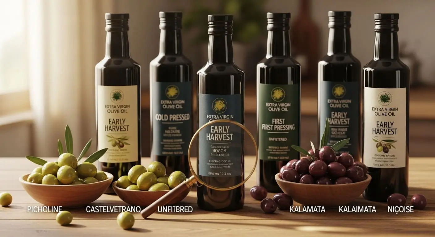 조기 수확 및 냉압착 라벨이 돋보이는 여러 엑스트라 버진 올리브오일 병과 신선한 올리브들이 함께 놓인 모습. 품질 좋은 올리브오일 선택의 중요성을 시각적으로 표현.