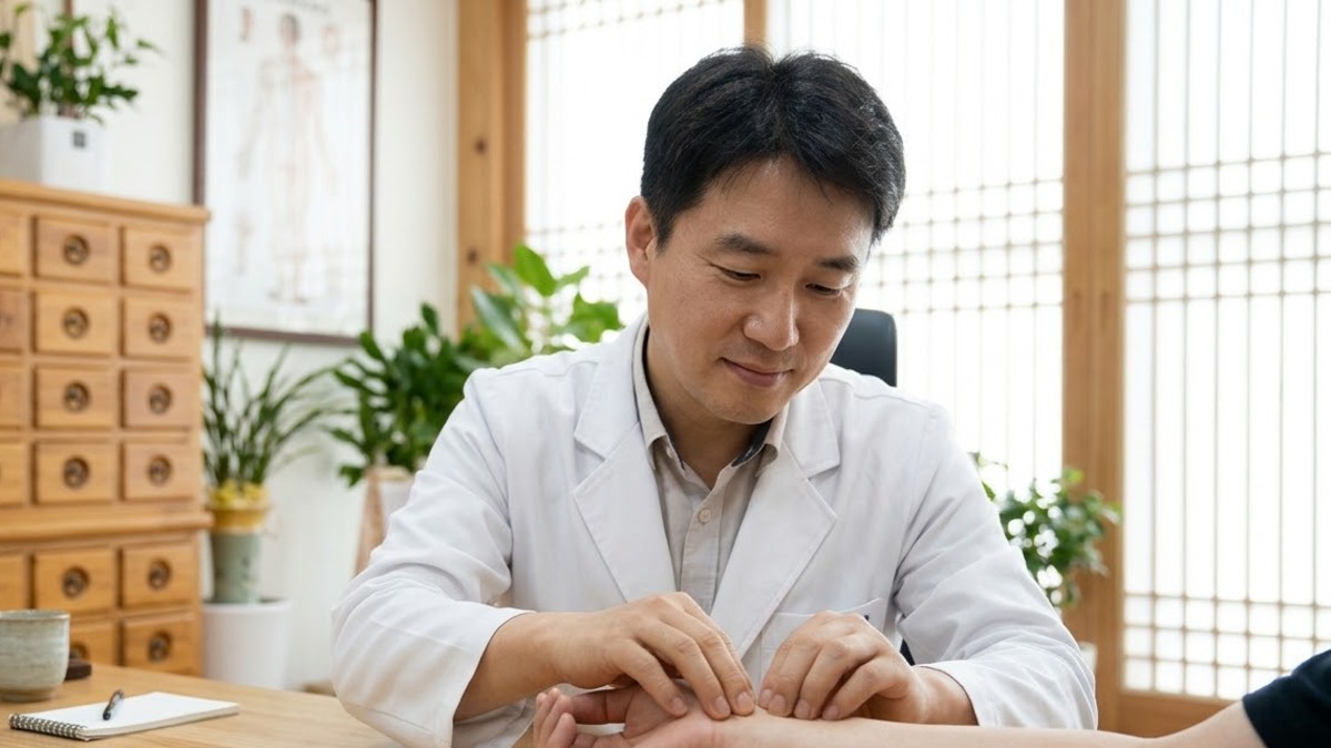 한의사가 환자의 손목 엄지 쪽을 눌러 살피는 진찰 장면