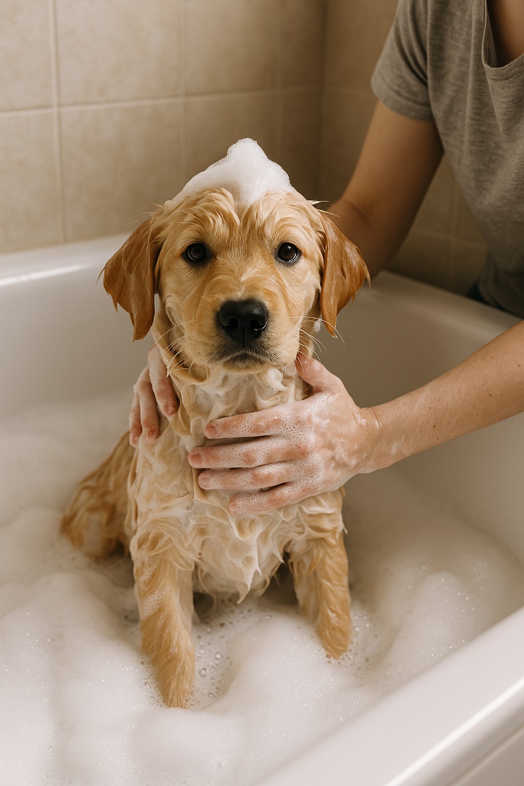 강아지를 욕조에서 목욕시키는 사진