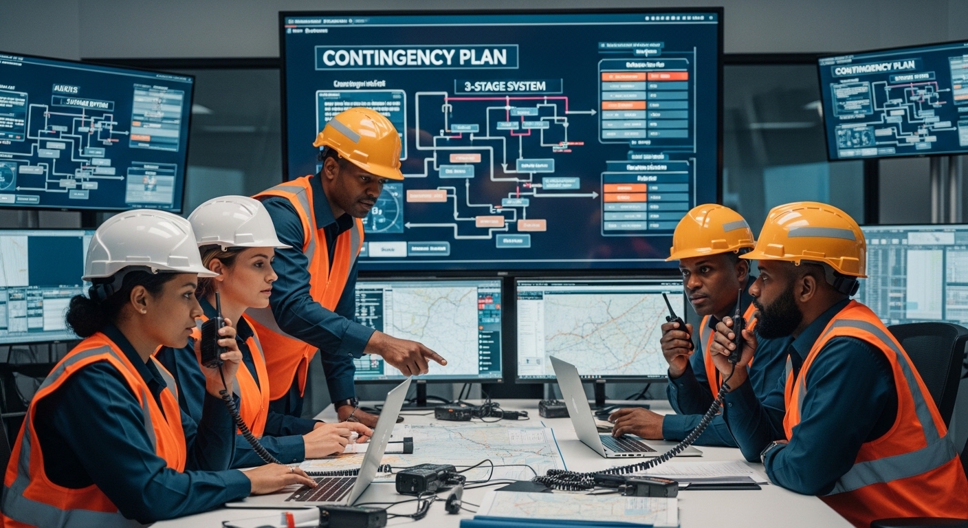 비상대응 이미지, 배경에 '컨틴전시 플랜', '3단계 체계' 텍스트 표시