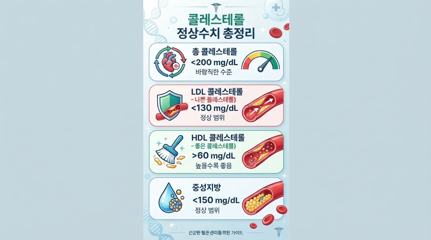 총콜레스테롤&middot;LDL&middot;HDL&middot;중성지방 정상수치를 정리한 인포그래픽