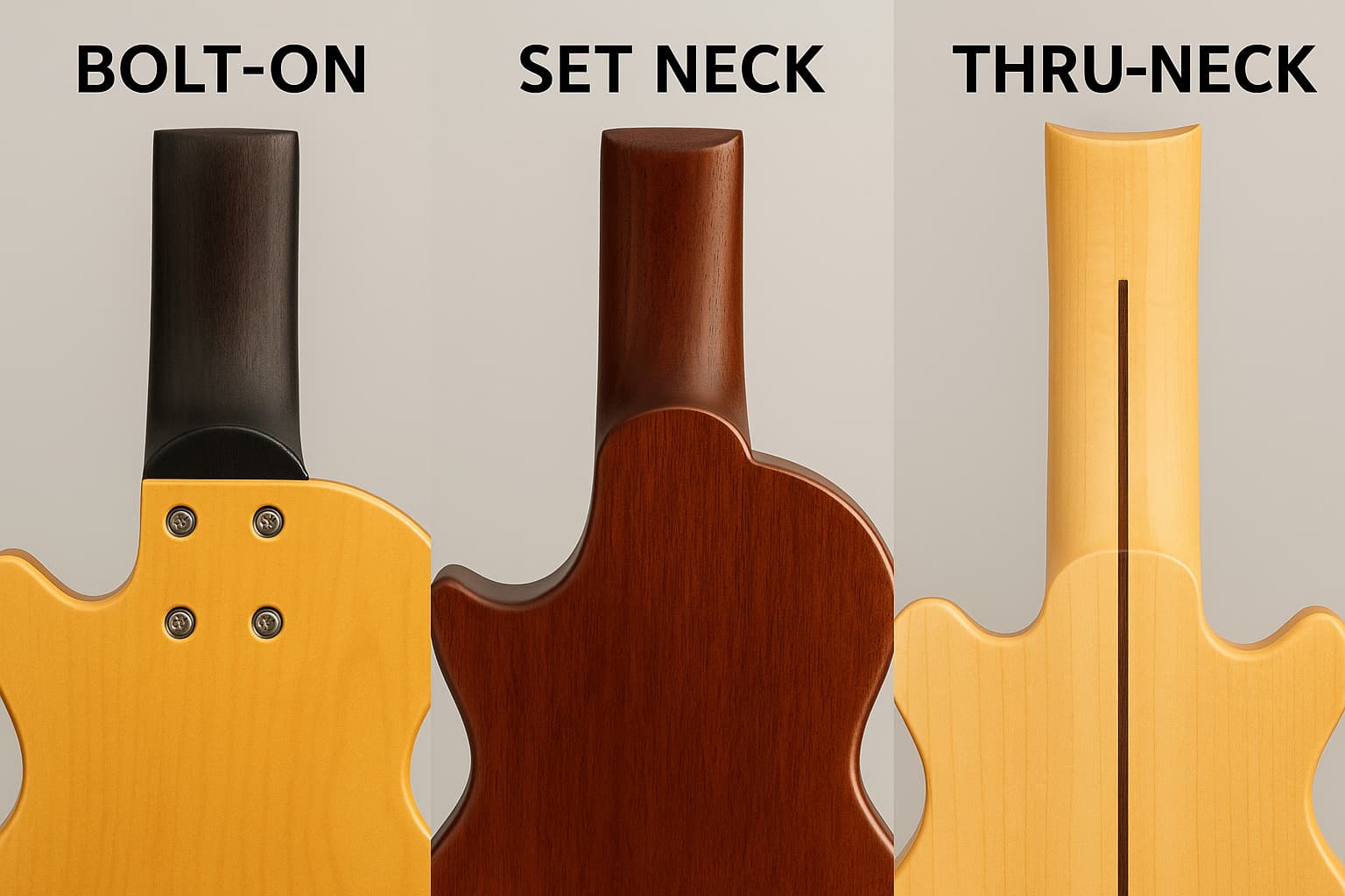 기타 넥과 바디의 접합 방식별 비교 이미지