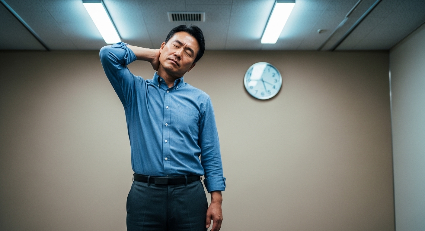 점심 후 사무실 복도에서 목·어깨 스트레칭하는 남성