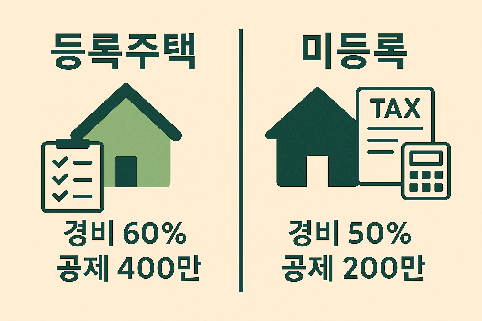 등록임대주택과 미등록주택 간 필요경비율 및 공제액 기준 차이를 비교 분석한 인포그래픽으로, 절세전략 수립에 유용합니다.