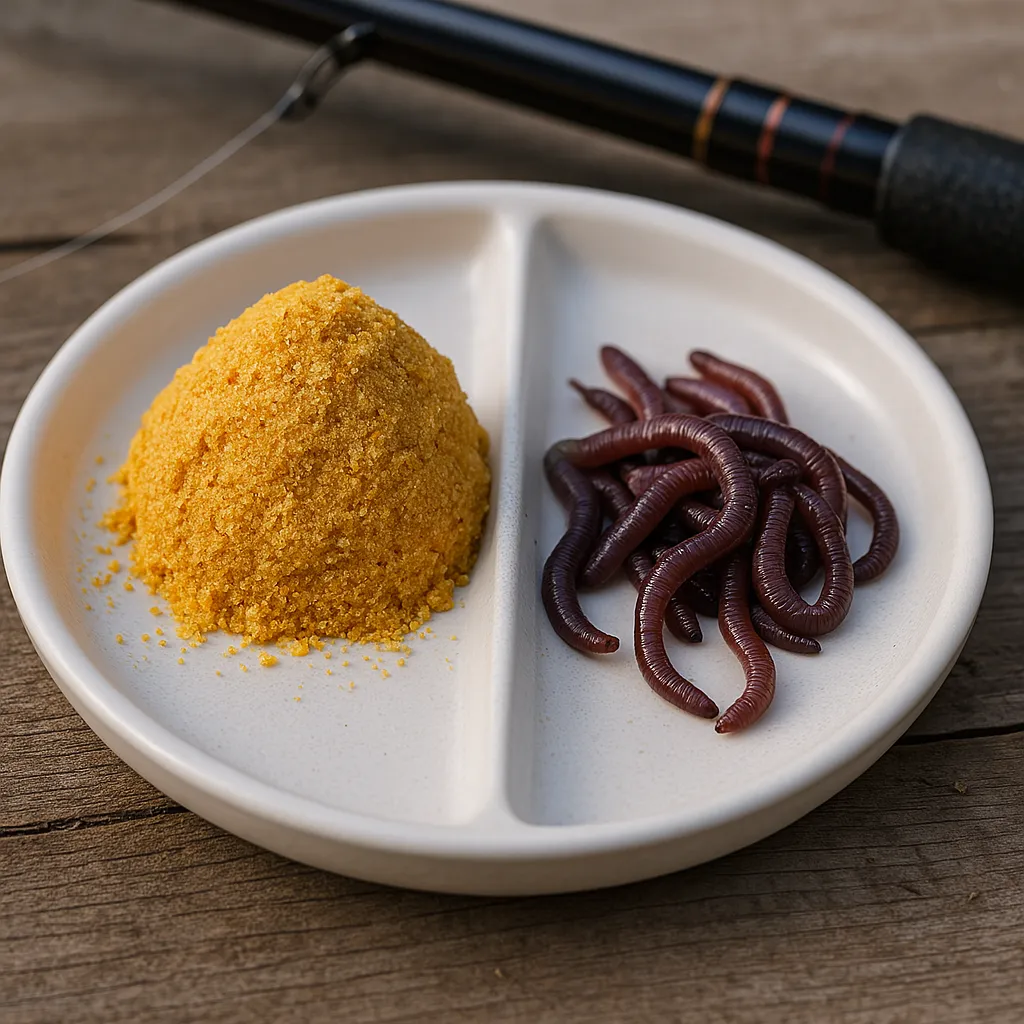 낚시 떡밥과 지렁이를 비교해 놓은 접시