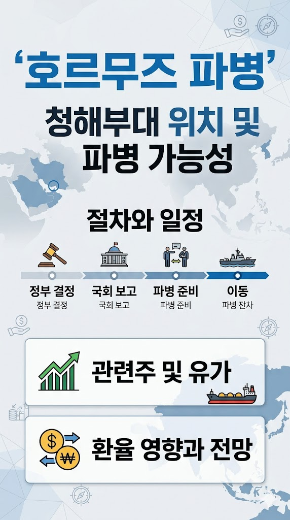 호르무즈 파병, 절차와 일정, 청해부대 위치 및 파병 가능성, 관련주 및 유가, 환율 영향과 전망