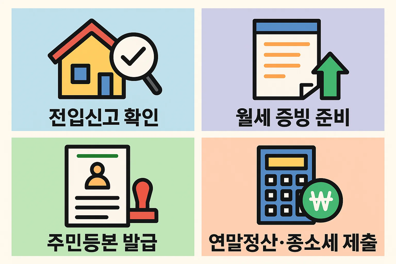 전입신고 확인부터 월세 증빙 준비, 주민등록등본 발급, 연말정산 및 종소세 제출까지 월세 환급제도의 전체 신청 절차를 시각적으로 정리한 인포그래픽
