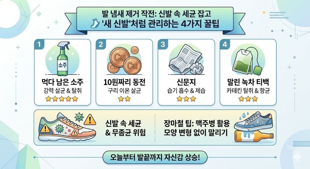 신발 냄새 제거와 발 건강 관리를 위한 4가지 꿀팁을 정리한 인포그래픽 이미지. 신발 속 세균의 위험성, 소주와 신문지를 활용한 탈취 및 제습 방법, 장마철 맥주병을 이용해 젖은 신발을 모양 변형 없이 말리는 법을 담고 있다.
