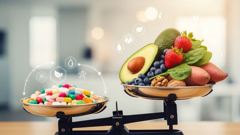저울 위에 한쪽에는 다양한 색상의 영양제 알약, 다른 쪽에는 아보카도, 딸기, 블루베리, 견과류 등 신선한 과일과 채소가 균형을 이루는 모습