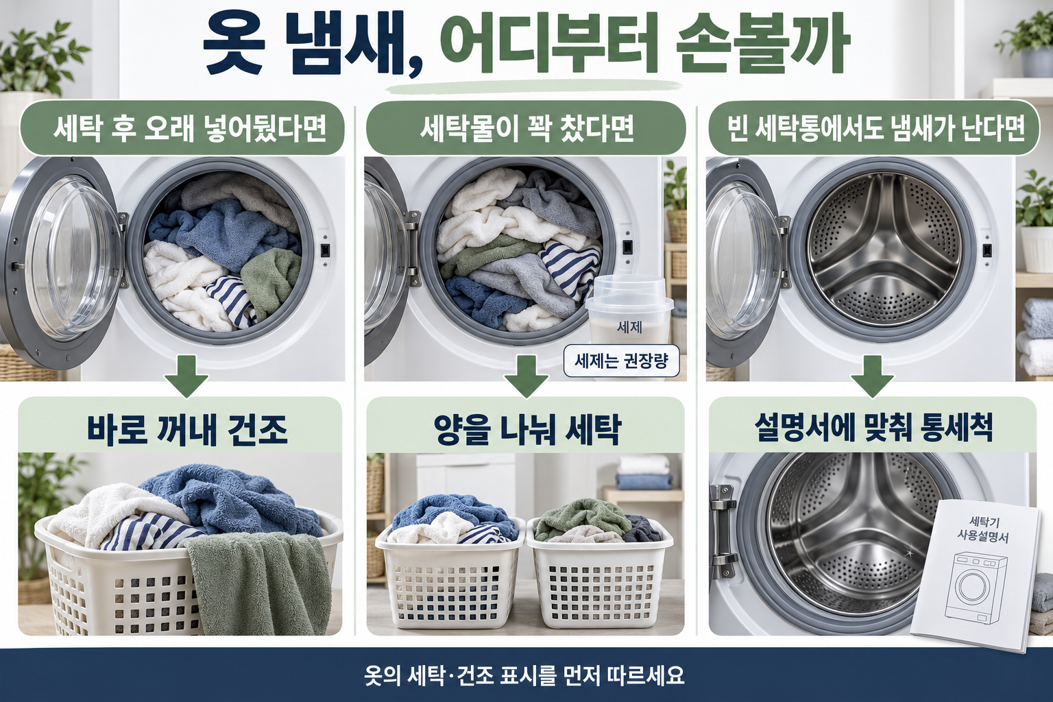 세탁 후 방치와 많은 세탁량, 빈 세탁통 냄새에 따른 해결 순서
