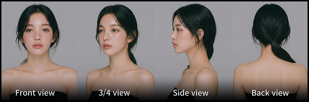 나노 바나나로 생성한 인물 캐릭터 4면 턴어라운드 시트, 정면&middot;3/4&middot;측면&middot;후면에서 얼굴 구조와 헤어 형태의 일관성을 검증한 캐릭터 시트_Midjourney &amp; Nano Banana