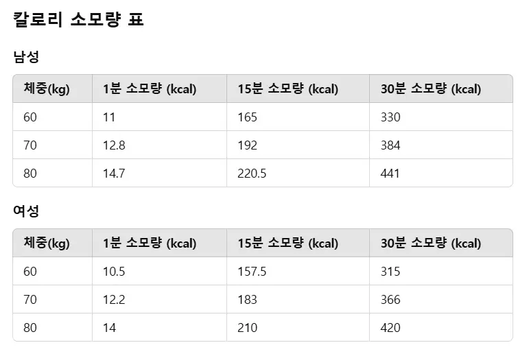 줄넘기 칼로리 소모표