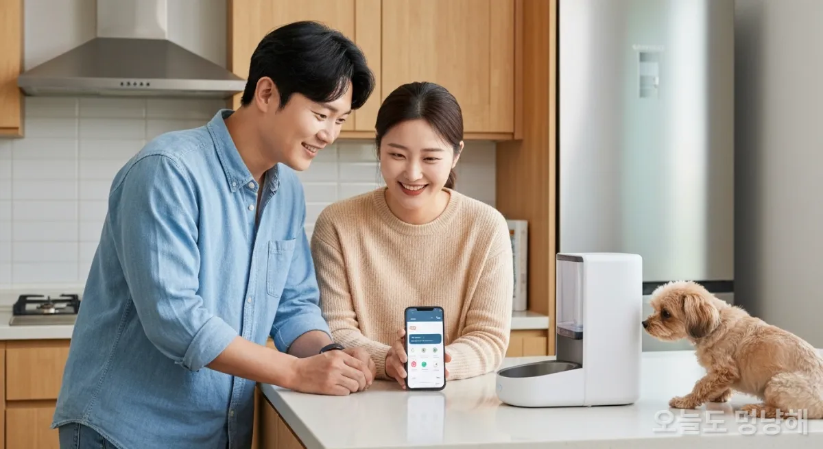 주방에서 스마트 급식기를 보며 웃고 있는 젊은 한국인 부부와 강아지