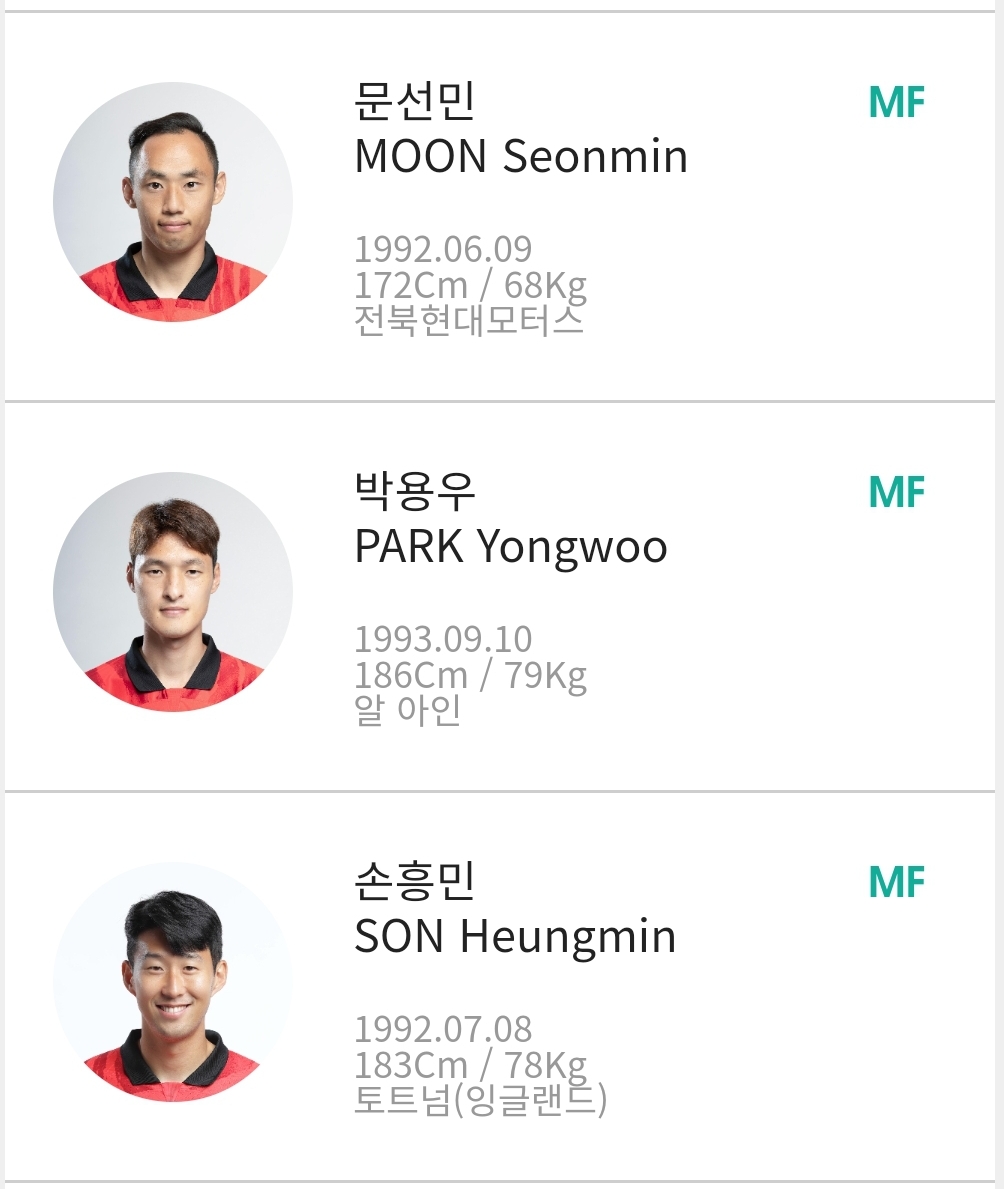 미드필더 문선민 박용우 손흥민 (MF)