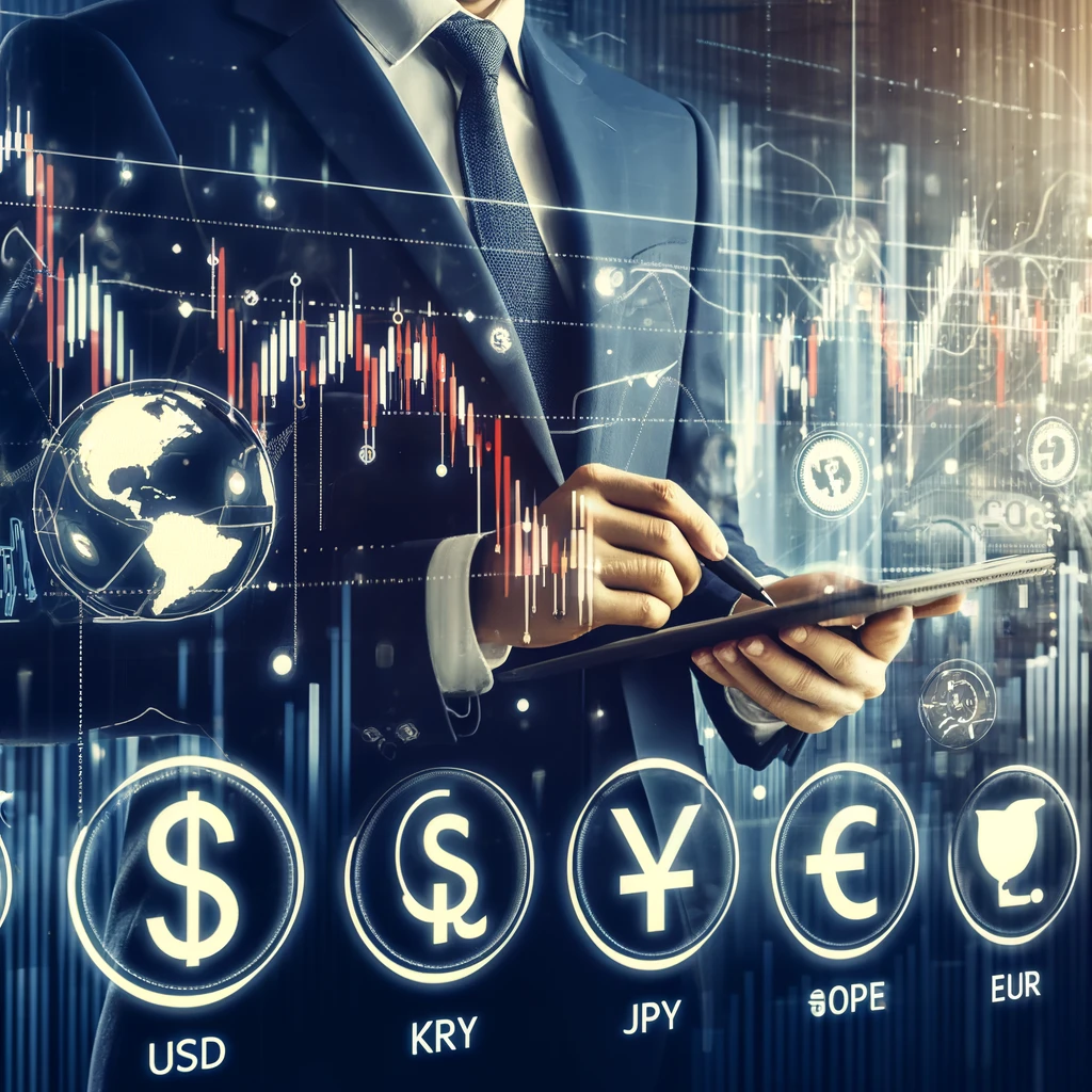 단기 외환(Forex) 거래와 장기 외화 투자 비교를 나타내는 현대적이고 전문적인 디지털 일러스트. 금융 차트, 통화 기호(USD, KRW, JPY, EUR), 그리고 투자 트렌드를 분석하는 투자자가 포함된 이미지.