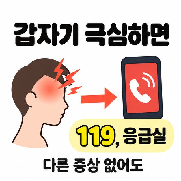 갑자기 극심한 두통이 생기면 다른 증상이 없어도 119 또는 응급실의 도움을 받도록 머리 그림과 전화기를 연결한 안내