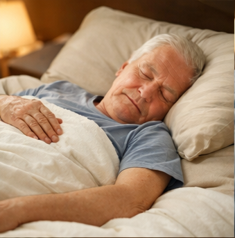 저녁시간 숙면을 위한 생활 개선과 수면루틴을 꾸준히 한 결과 숙면을 하고 있는 노인
이미지 출처: Gemini AI 생성