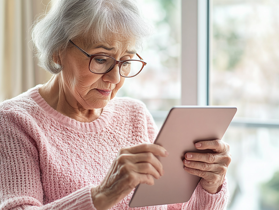 이 사진은 한 할머니가 태블릿을 사용하고 있는 모습을 담고 있습니다. 표정은 집중한 듯한 모습이며, 약간 걱정스럽거나 고민하는 듯한 느낌도 있습니다.