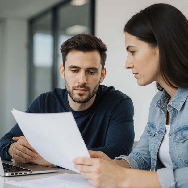 두 사람 모두 집중하고 있으며, 노트북과 문서를 보며 업무에 대해 논의하는 장면