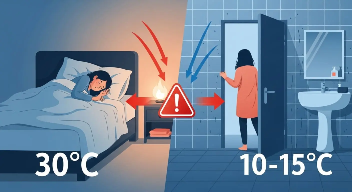 따뜻한 침실(30도)과 차가운 욕실(10-15도) 사이의 온도차를 시각화한 이미지. 급격한 혈압 변화를 경고하는 표시가 있다.