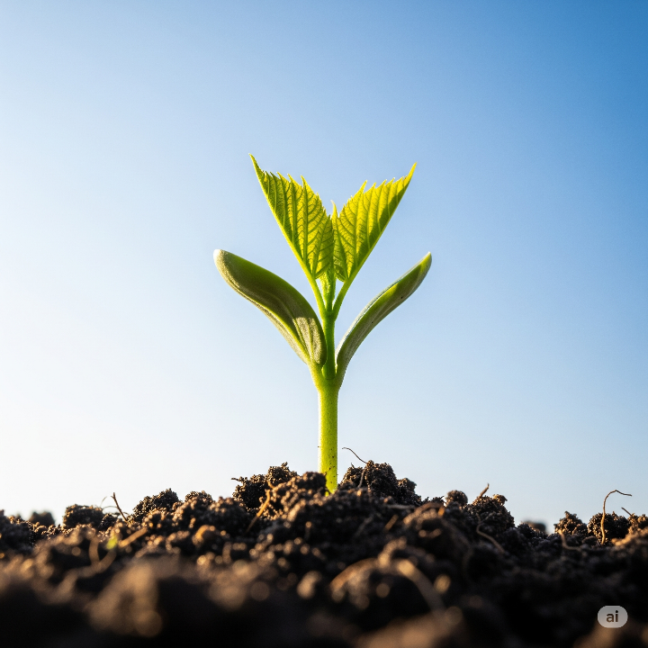 푸른 하늘을 향해 힘차게 뻗어 나가는 새싹, 50대 이후 새로운 시작의 희망과 성장