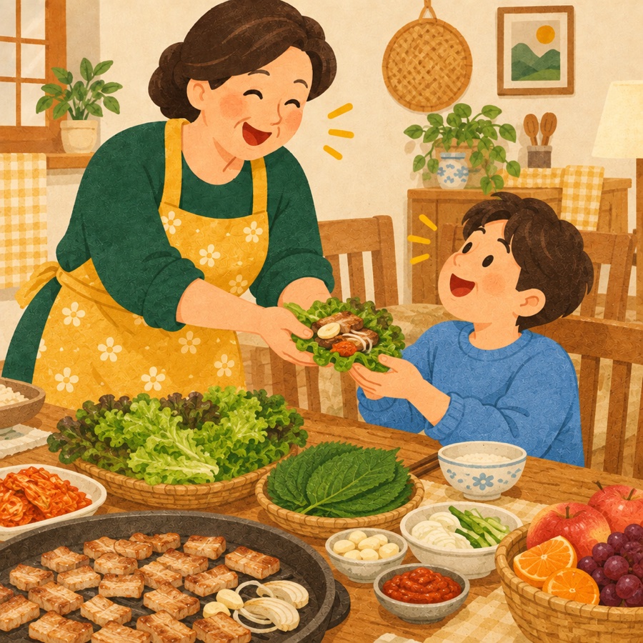 쌈 채소와 마늘 양파를 곁들인 고기 밥상