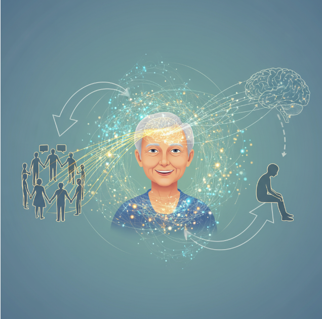 사회적 유대감과 노년기 인지 신경망 보존의 상관관계를 나타내는 인포그래픽