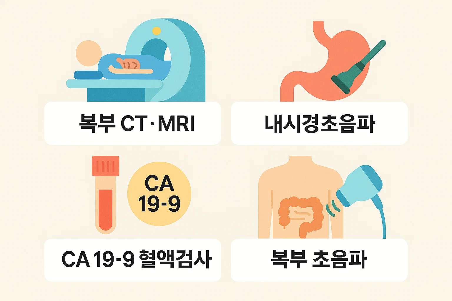 복부 CT·MRI, 내시경초음파, CA 19-9 혈액검사, 복부 초음파 등 췌장암 조기 발견과 진단 정확도 향상을 위한 추가 검진 종류를 정리한 인포그래픽