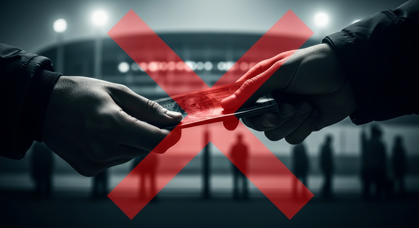 어둠 속에서 불법적으로 돈이 오가는 손과 그 위에 표시된 '정지' 표지판. 암표 거래의 위험성을 경고하는 이미지.