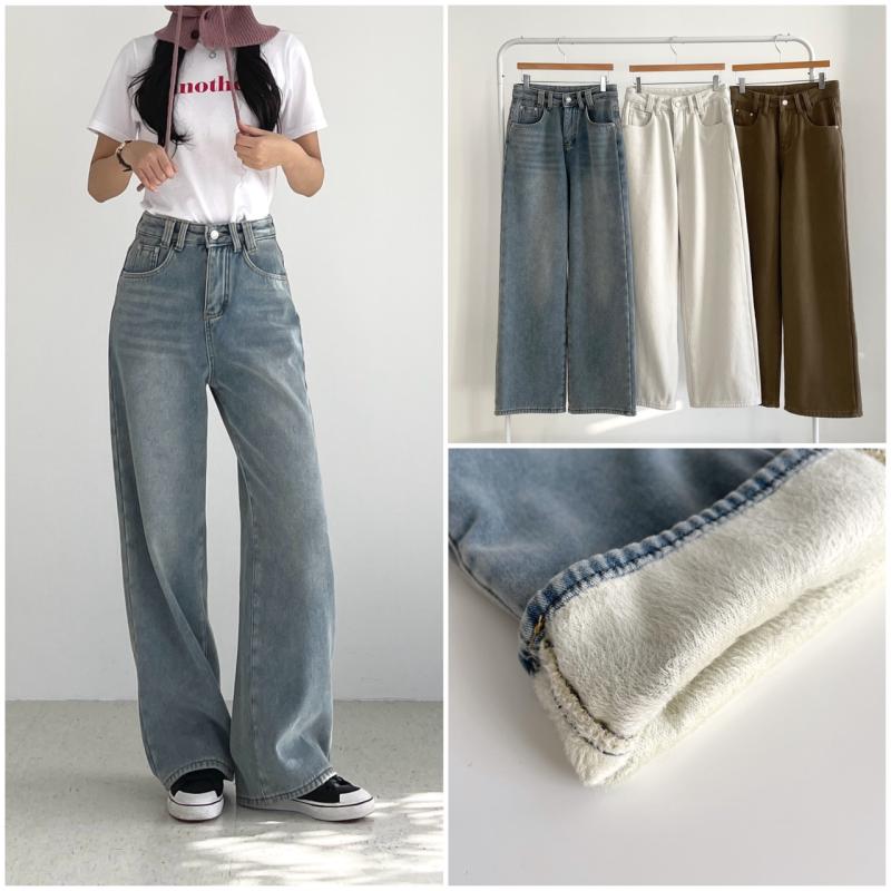 융기모 청바지 크림진 화이트데님 하이웨스트 여성 와이드팬츠 겨울 세미와이드 통바지