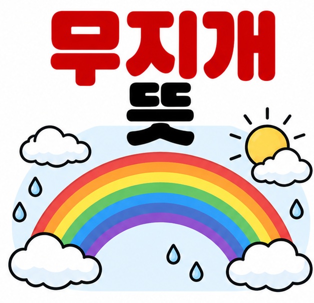 비가 갠 하늘의 활 모양 무지개 옆에 무지개 뜻 문구를 크게 보여주는 대표 카드