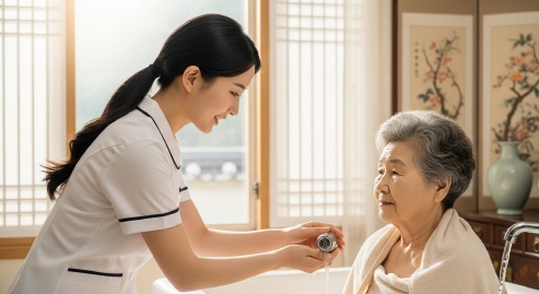 목욕을 준비 중인 간호사와 노인