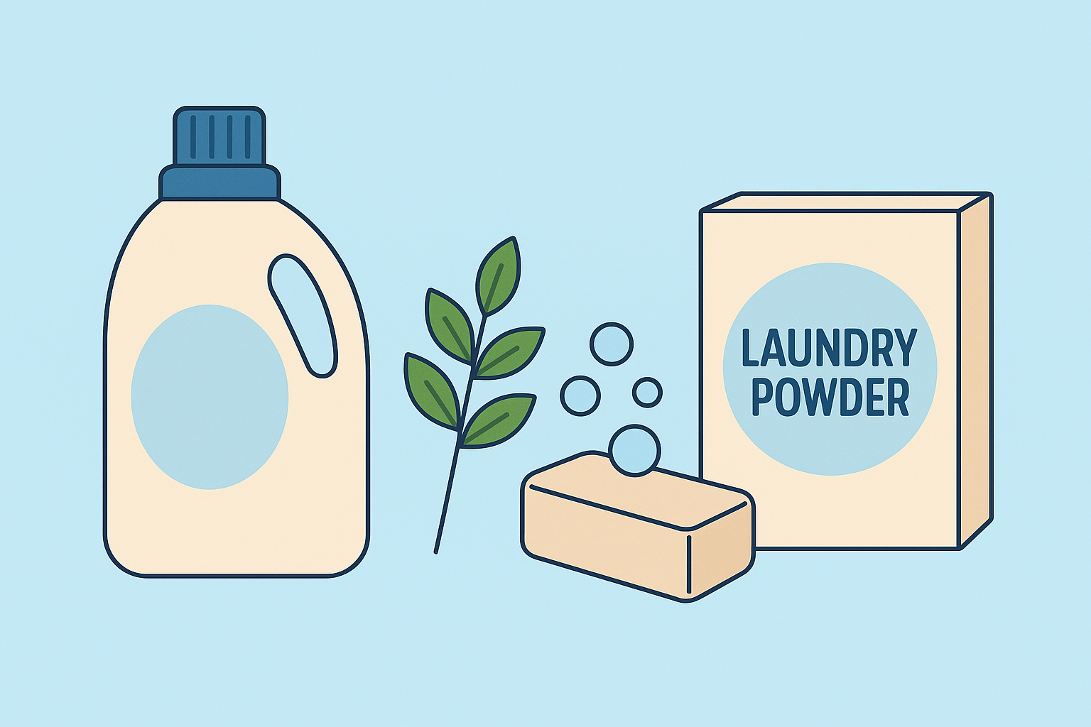 피부 트러블 예방을 위한 무자극 세탁세제, 천연 성분 세탁 비누, 식물 유래 섬유유연제를 표현한 일러스트