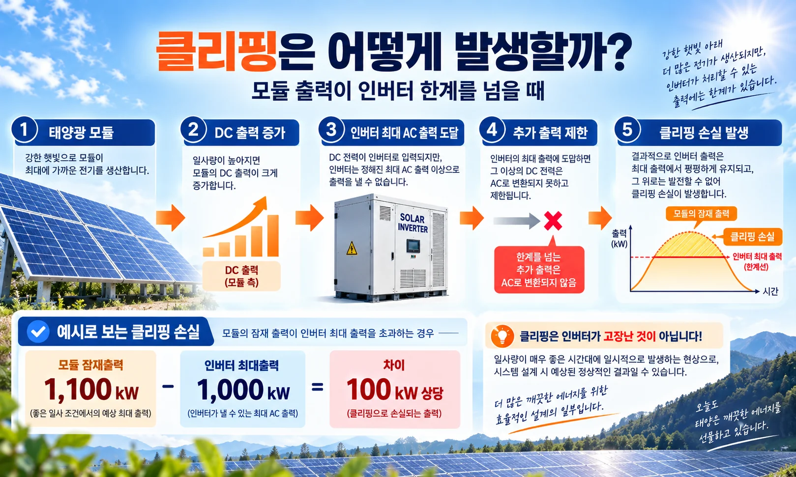 태양광 모듈 DC 출력이 증가해 인버터 최대 AC 출력에 도달하면서 추가 출력이 제한되는 클리핑 발생 원리