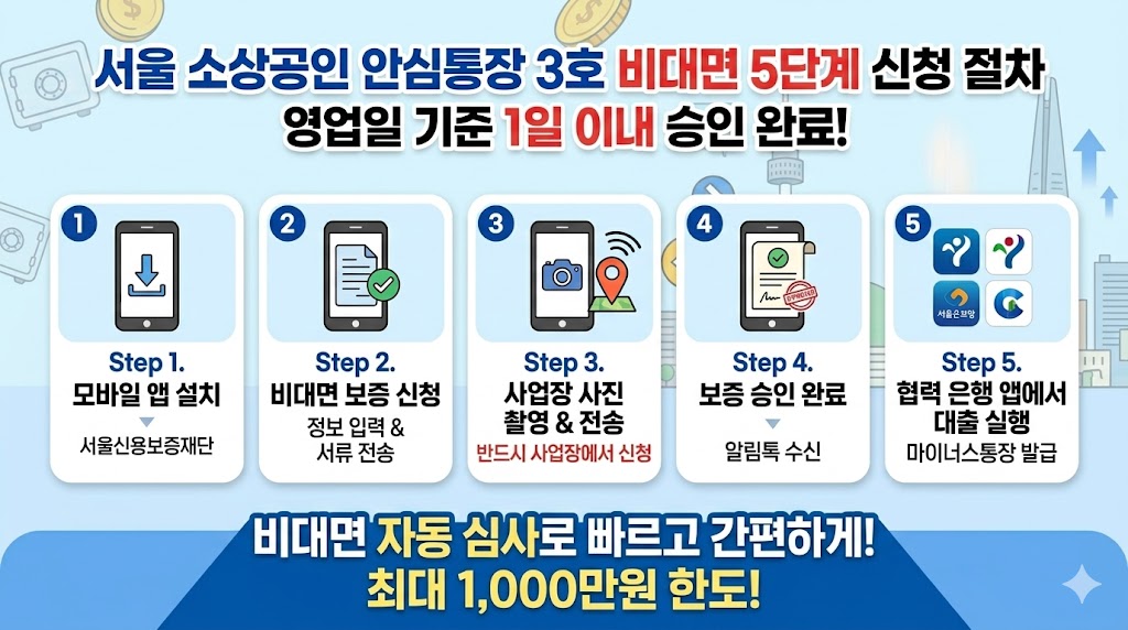 서울시 소상공인 안심통장 3호 비대면 5단계 신청 프로세스 인포그래픽 - 앱 설치, 보증 신청, 사업장 사진 전송, 승인 완료, 대출 실행 단계 한눈에 보기. 비대면 자동 심사로 빠르고 간편하게.