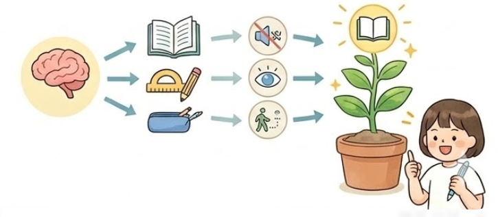 두뇌가 집중하여 몰입할 수 있는 요소인 청각, 시각, 동선을 시각화하여 보여주는 이미지