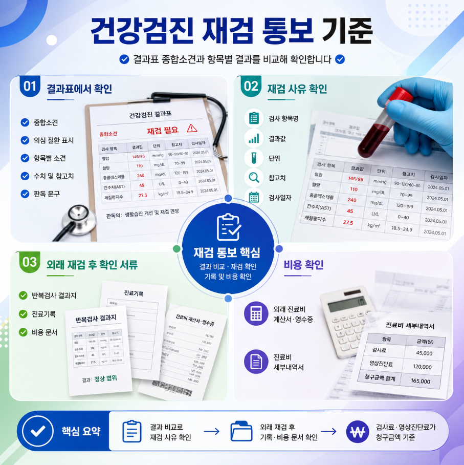 건강검진 재검 통보 기준을 종합소견, 검사 항목, 외래 재검 문서, 비용 확인 흐름으로 정리한 의료 인포그래픽