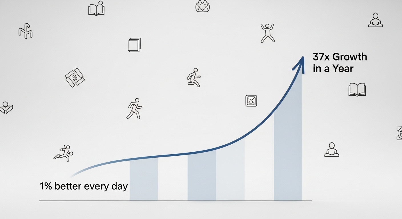 매일 1%씩 성장했을 때 1년 뒤 37배 성장하는 모습을 보여주는 복리 효과 그래프