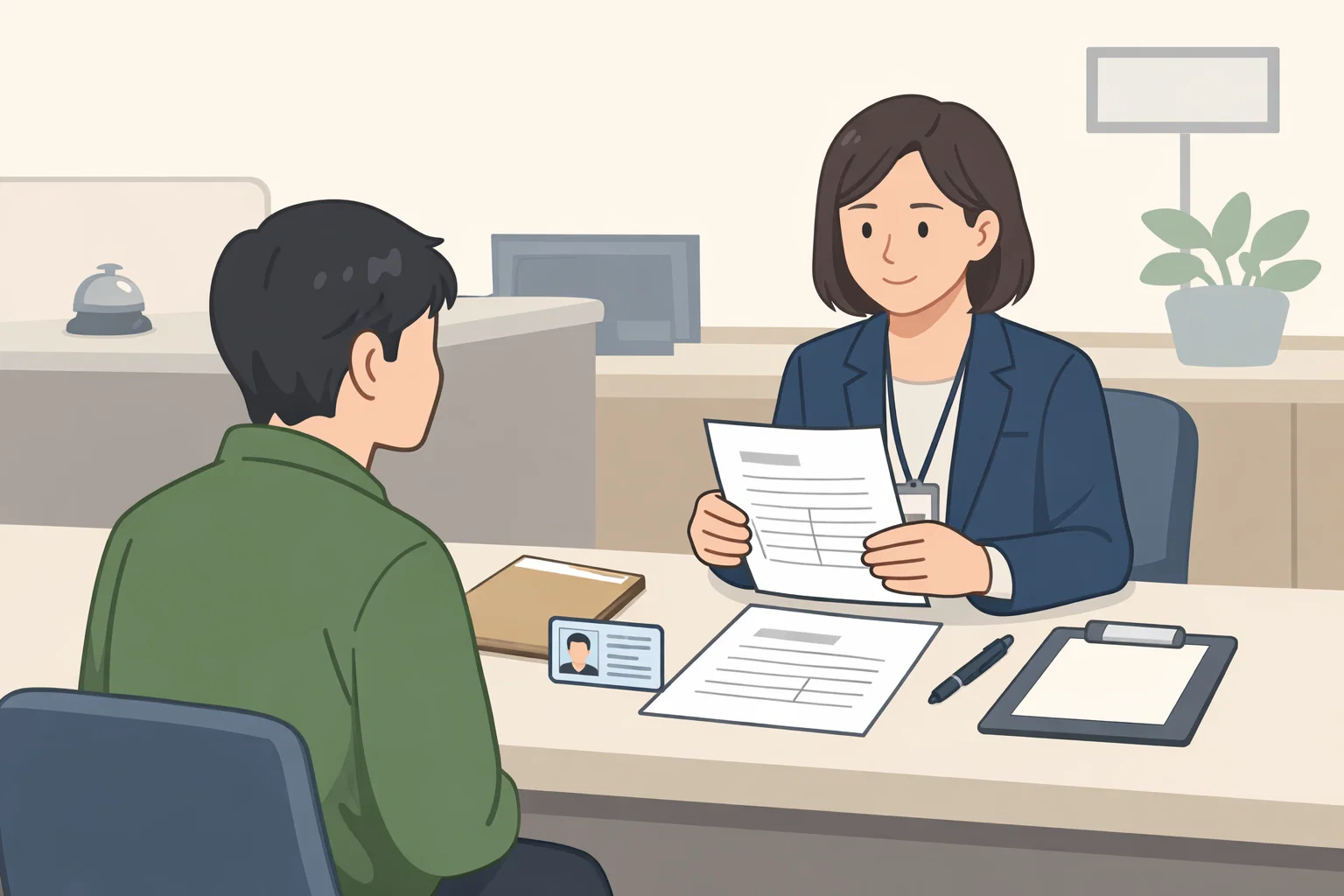 생계급여 신청을 진행할 때 주민센터에서 서류를 확인하고 접수 상담을 받는 실제 시작 장면을 설명하는 이미지