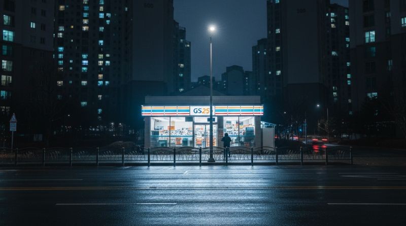 야간 시간대 손님이 거의 없는 도심 편의점 전경
