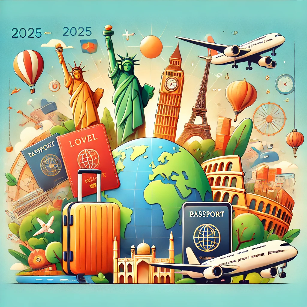 2025년 5월 해외여행 프로모션, 해외여행 관련 요소가 포함된 블로그 포스트 썸네일 디자인, 여행지와 프로모션 정보가 강조된 이미지