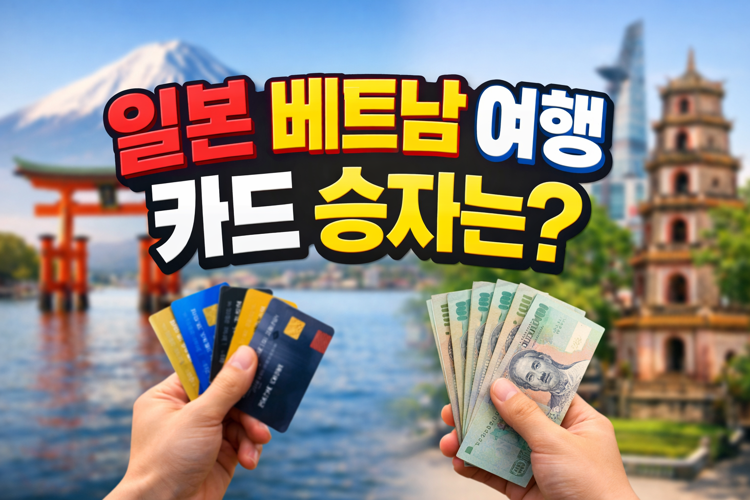 &lsquo;일본 베트남 여행 카드 승자는?&rsquo;라는 문구가 크게 들어간 썸네일. 배경에는 일본(후지산&middot;도리이)과 베트남(하노이 풍경)이 흐림 처리되어 있고, 전경에는 카드 여러 장과 현지 지폐를 손에 든 모습이 보임.
